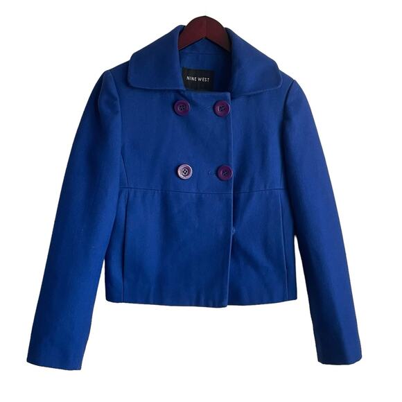 Nine West Women Wool Jacket 4 Royal‎ Blue Cropped Peacoat Preppy Classic Coat - Picture 1 of 12